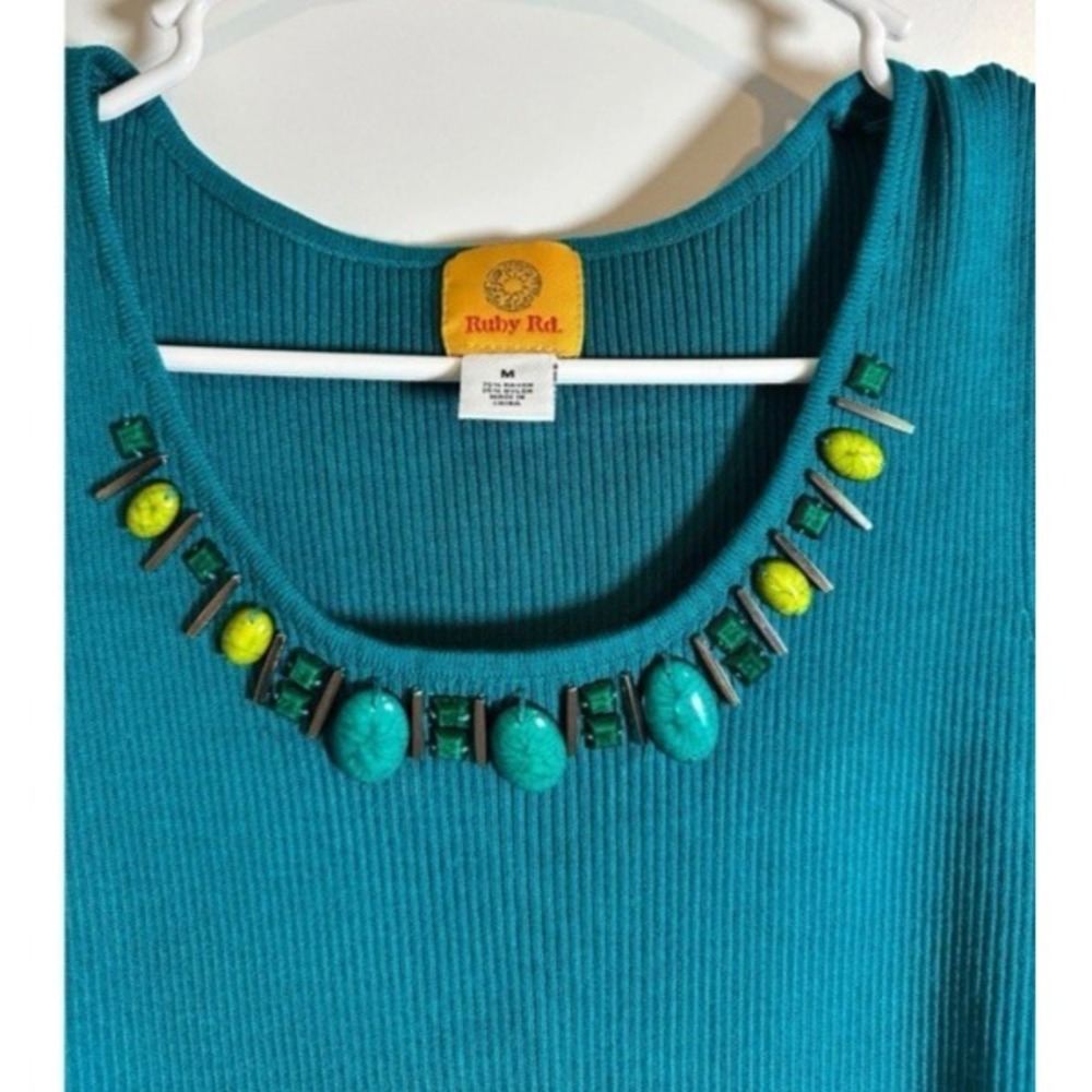 Ruby Rd. Teal Blue Ribbed‎ Tank Top Embellished Jeweled Neckline Size M